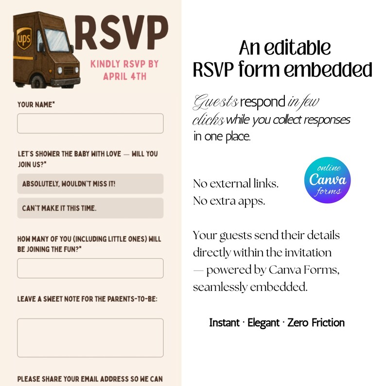 Package Delivery Baby Shower Website Template with Online RSVP | UPS-Inspired | Canva Template