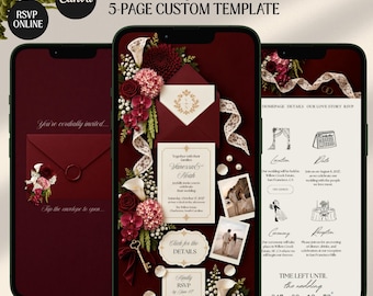 Burgundy Old Money Floral Digital Wedding Invitation Website: Online RSVP, Countdown (Canva Template)