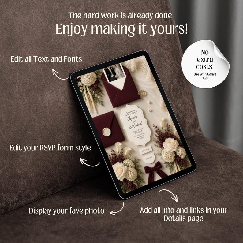 Burgundy Ivory Floral Old Money Digital Wedding Invitation Website: Online RSVP, Countdown, Digital Download Canva Template
