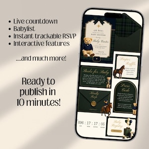 Interactive Preppy Teddy Baby Shower Web Invitation Online RSVP & Countdown | Digital Download Canva Template