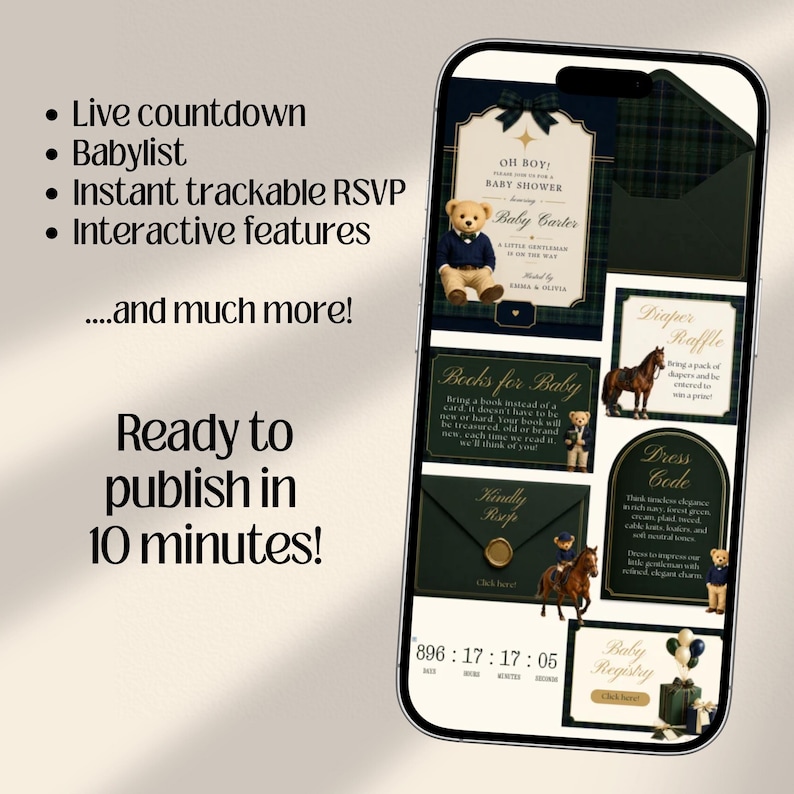 Interactive Preppy Teddy Baby Shower Web Invitation Online RSVP & Countdown | Digital Download Canva Template