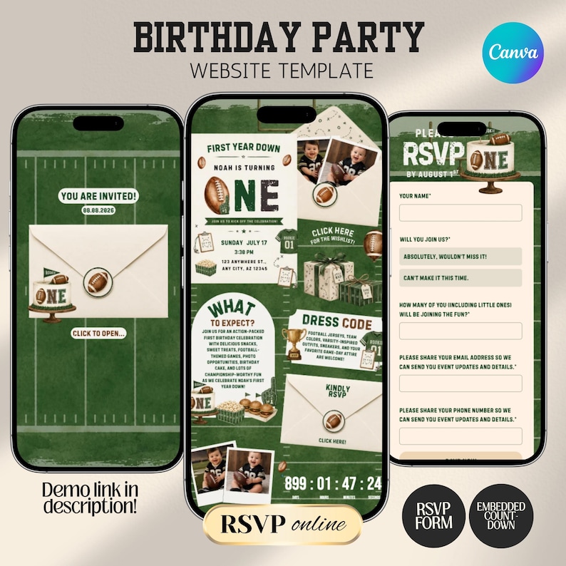 May include: A digital birthday party website template featuring a football theme with green field backgrounds, football graphics, and text including First Year Down, Noah Is Turning One, and RSVP. The layout displays mobile screens with invitation details, event information, and an RSVP form.