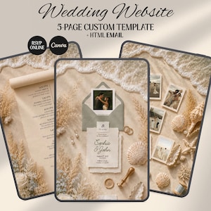 May include: A 5-page custom wedding website template and HTML email featuring a beach-themed design with sand, seashells, dried grasses, and wedding stationery. The digital display shows invitation cards, envelopes, and photo collages.