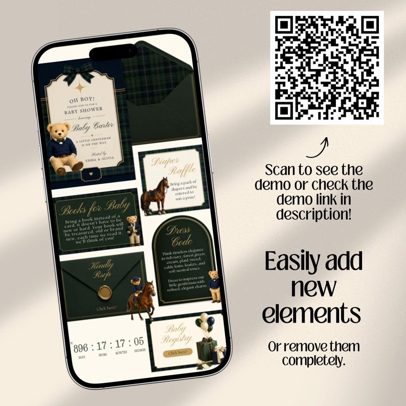 Interactive Preppy Teddy Baby Shower Web Invitation Online RSVP & Countdown | Digital Download Canva Template