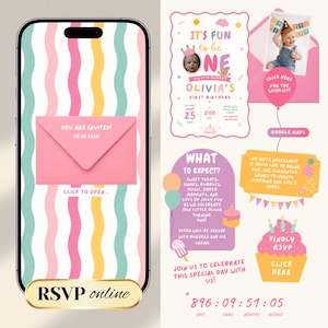 Invitación web para el primer cumpleaños de una niña con confirmación de asistencia y cuenta regresiva / Plantilla digital de Canva para descargar