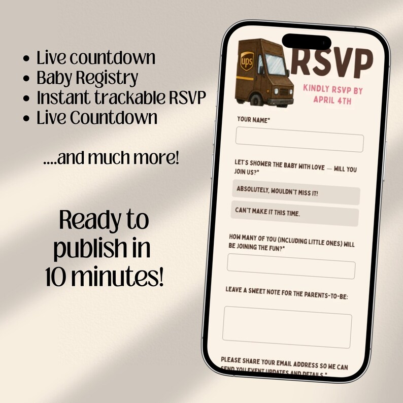 Package Delivery Baby Shower Website Template with Online RSVP | UPS-Inspired | Canva Template