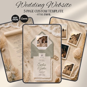 Coastal Wedding Website Template with HTML Email: Beach Wedding Digital Invitation RSVP, Music Digital Download Canva Template)