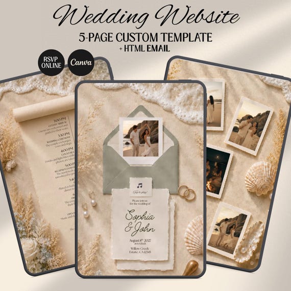 Coastal Wedding Website Template with HTML Email: Beach Wedding Digital Invitation RSVP, Music Digital Download Canva Template)