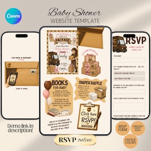 Puede incluir: Una plantilla de sitio web para baby shower que se muestra en tres dispositivos. El dise&ntilde;o presenta un tema de UPS con ilustraciones de paquetes, una camioneta de reparto y un beb&eacute;. La plantilla incluye informaci&oacute;n de RSVP y registro.