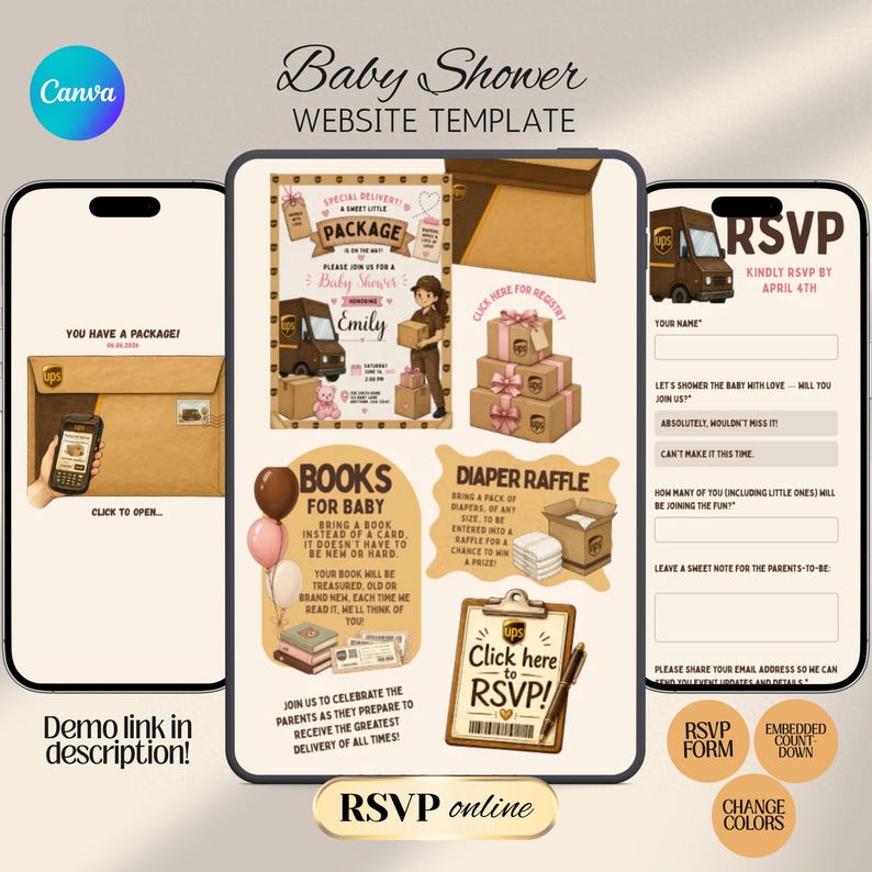 Puede incluir: Una plantilla de sitio web para baby shower que se muestra en tres dispositivos. El dise&ntilde;o presenta un tema de UPS con ilustraciones de paquetes, una camioneta de reparto y un beb&eacute;. La plantilla incluye informaci&oacute;n de RSVP y registro.