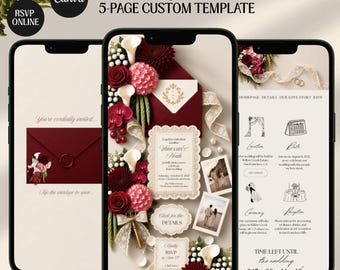Burgundy Ivory Lace Old Money Floral Digital Invitation Wedding Website: Online RSVP, Countdown (Canva Template)