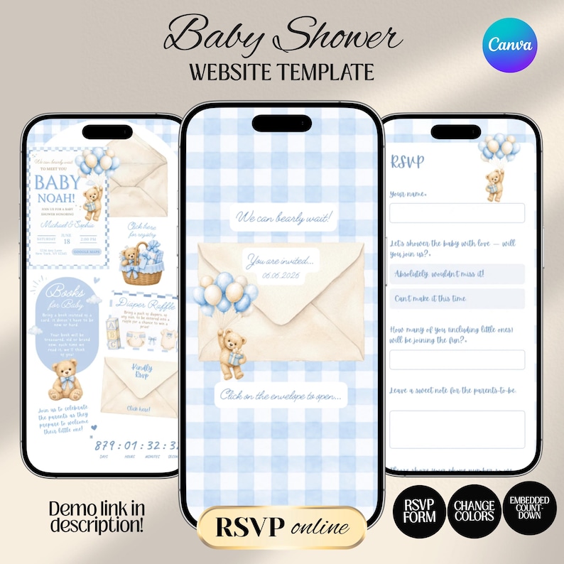 We Can Bearly Wait Baby Shower Website Invitation Template with Trackable RSVP & Countdown | Teddy Bear  (Digital Download)