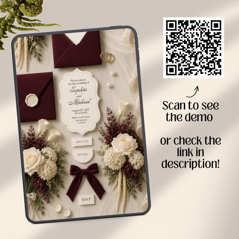 Burgundy Ivory Floral Old Money Digital Wedding Invitation Website: Online RSVP, Countdown, Digital Download Canva Template