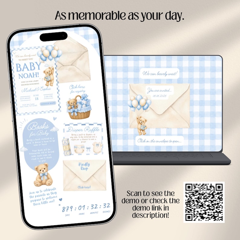 We Can Bearly Wait Baby Shower Website Invitation Template with Trackable RSVP & Countdown | Teddy Bear  (Digital Download)
