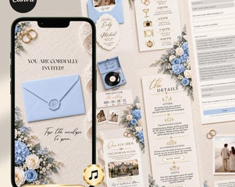 Blue Ivory Digital Wedding Invitation Website Online RSVP, Music (Canva Template)
