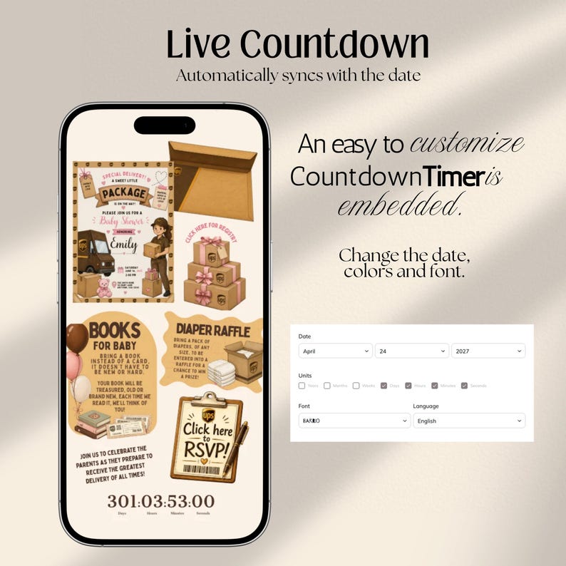 Package Delivery Baby Shower Website Template with Online RSVP | UPS-Inspired | Canva Template