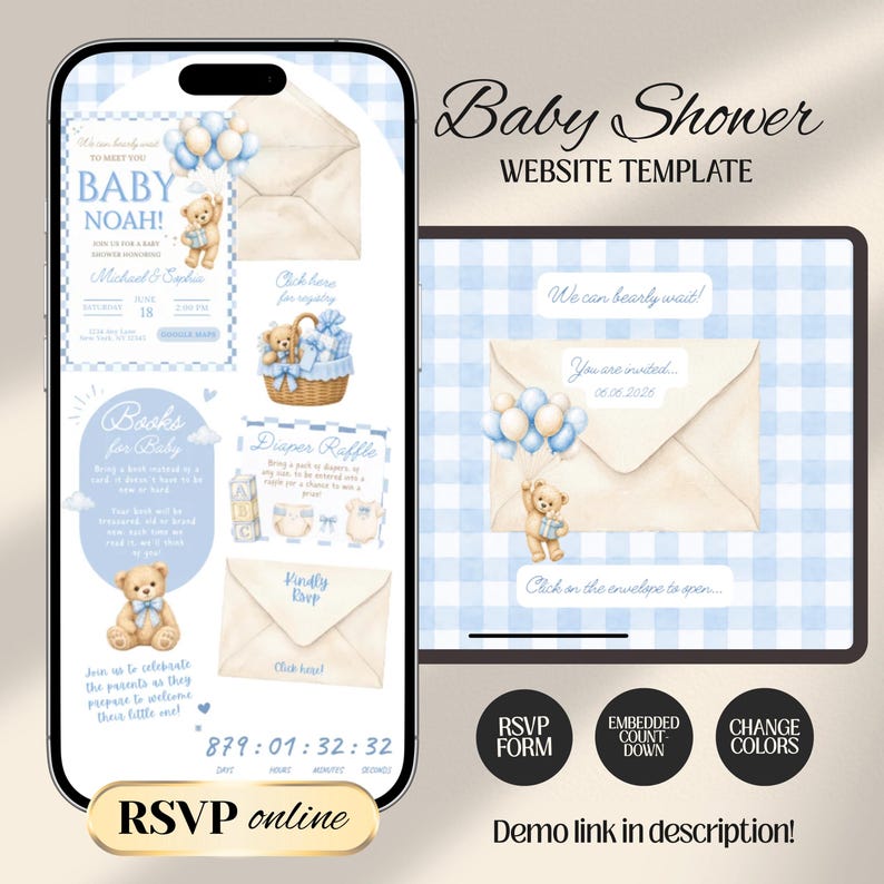 We Can Bearly Wait Baby Shower Website Invitation Template with Trackable RSVP & Countdown | Teddy Bear  (Digital Download)
