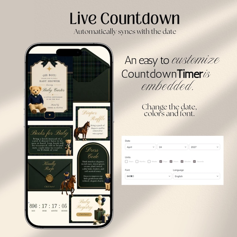 Interactive Preppy Teddy Baby Shower Web Invitation Online RSVP & Countdown | Digital Download Canva Template