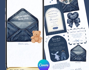 Invitación web para baby shower con diseño de jeans azules, confirmación de asistencia rastreable (plantilla digital de Canva)
