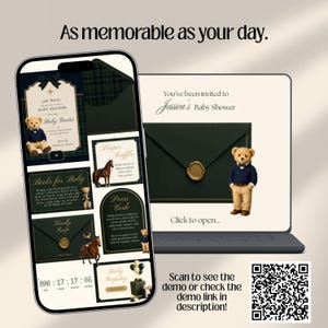 Interactive Preppy Teddy Baby Shower Web Invitation Online RSVP & Countdown | Digital Download Canva Template