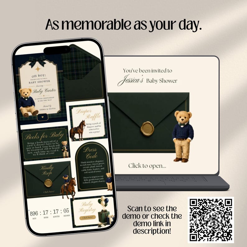 Interactive Preppy Teddy Baby Shower Web Invitation Online RSVP & Countdown | Digital Download Canva Template