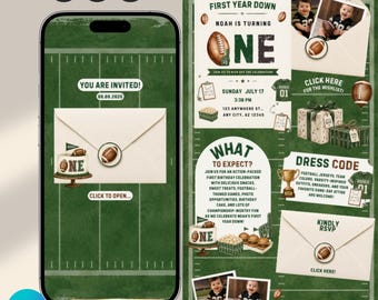 May include: A digital football-themed first birthday invitation template featuring a green field background, an envelope with a football seal, and text including First Year Down, Noah Is Turning One, Sunday July 17, 3:38 PM, and RSVP online.