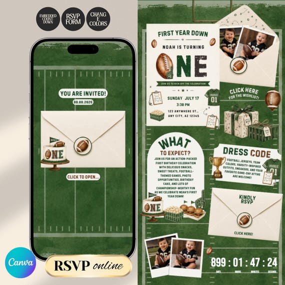 Football 1st Birthday Web Invitation with RSVP and Countdown | First Year Down,  Digital Download Canva Template