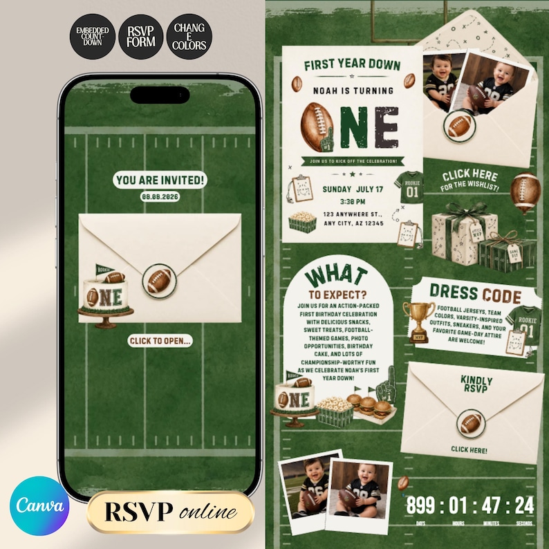 Football 1st Birthday Web Invitation with RSVP and Countdown | First Year Down,  Digital Download Canva Template
