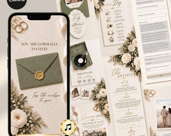 Olive Green Ivory Digital Wedding Invitation Website Online RSVP, Music (Canva Template)