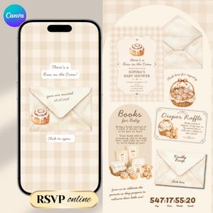 May include: A baby shower invitation design with a watercolor theme. The design includes an envelope with a cinnamon roll illustration, the text "There's a Bun in the Oven!", and RSVP information. Additional elements include a diaper raffle and book request.