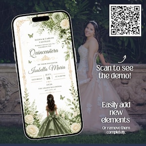K&ouml;nnte beinhalten: Ein Smartphone zeigt eine Quincea&ntilde;era-Einladung mit floralen und Schmetterlingsmotiven. Die Einladung enth&auml;lt die Namen Elena & Carlos Castillo und Isabella Maria, mit dem Datum 18. Juli 2026. Ein QR-Code und Text laden zum Scannen f&uuml;r eine Demo ein.
