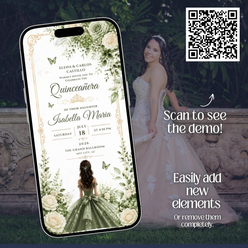 K&ouml;nnte beinhalten: Ein Smartphone zeigt eine Quincea&ntilde;era-Einladung mit floralen und Schmetterlingsmotiven. Die Einladung enth&auml;lt die Namen Elena & Carlos Castillo und Isabella Maria, mit dem Datum 18. Juli 2026. Ein QR-Code und Text laden zum Scannen f&uuml;r eine Demo ein.
