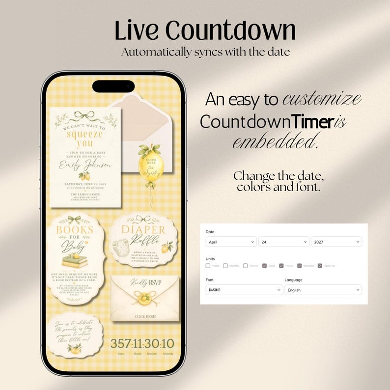 Lemon Baby Shower Website Invitation with Online RSVP, Countdown, Registry Diaper Raffle (Digital Canva Template)