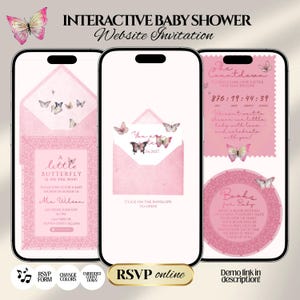 Może przedstawiać: Trzy smartfony wyświetlające interaktywne zaproszenie na baby shower z motywem różowych motyli. Ekrany pokazują kopertę, licznik czasu i szczegóły wydarzenia z tekstem takim jak A little butterfly is on the way oraz Books for Baby.