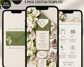 Green & Ivory Floral Old Money Digital Invitation Wedding Website: Online RSVP  Canva Template