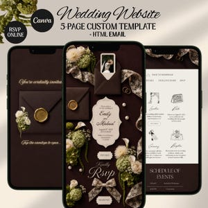 Espressobruin ivoor bloemenprint, klassieke stijl, digitale trouwuitnodiging: RSVP, afteltimer, digitale download (Canva-sjabloon)