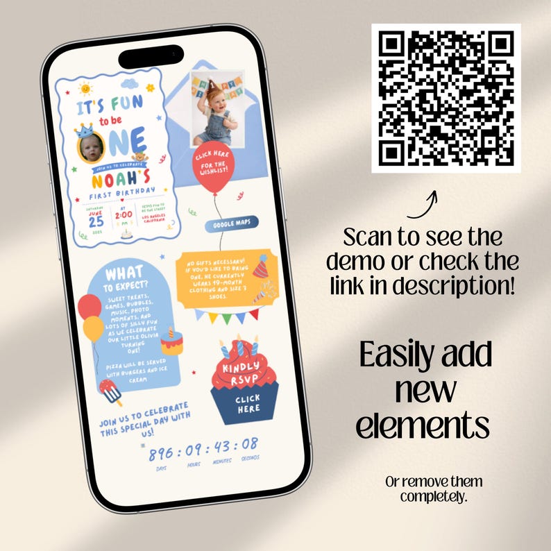 Fun to be One Boy 1st Birthday Web Invitation with RSVP and Countdown | Digital Download Canva Template