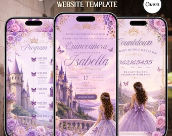 Quinceaña – Digitale Einladungs-Website mit Online-RSVP Countdown-Musik (Canva Template) Purple Princess