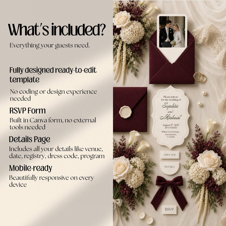 Burgundy Ivory Floral Old Money Digital Wedding Invitation Website: Online RSVP, Countdown, Digital Download Canva Template
