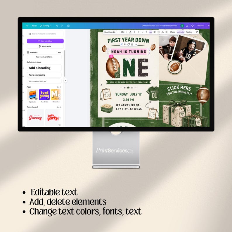 May include: A computer monitor displaying a digital design interface for a football-themed first birthday invitation. The invitation features green field graphics, brown footballs, and text including FIRST YEAR DOWN, NOAH IS TURNING ONE.