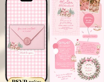 Christmas Winter ONEderland Girl First 1st Birthday Digital Website Invitation with Online RSVP Tracker | Canva Template