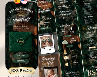 Emerald Green Bilingual Quinceañera Digital Invitation Website with RSVP Countdown Music (Canva Template) English Spanish