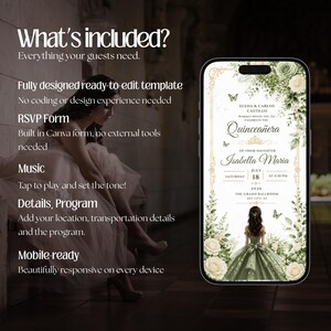 Quinceañera Digital Invitation Website with Online RSVP Countdown Music (Canva Template) Sage Green