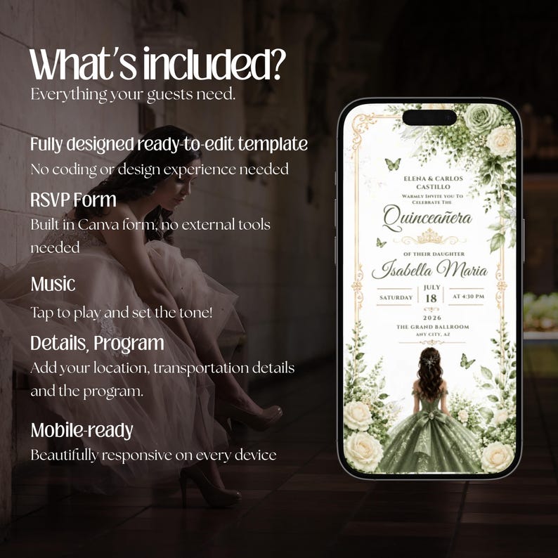 Quinceañera Digital Invitation Website with Online RSVP Countdown Music (Canva Template) Sage Green