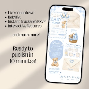 We Can Bearly Wait Baby Shower Website Invitation Template with Trackable RSVP & Countdown | Teddy Bear  (Digital Download)