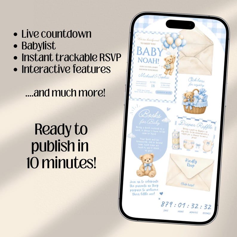 We Can Bearly Wait Baby Shower Website Invitation Template with Trackable RSVP & Countdown | Teddy Bear  (Digital Download)