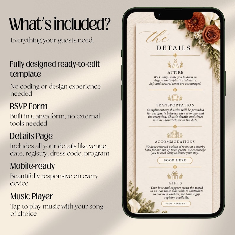 Burnt Orange Fall Terracotta Animated Digital Wedding Invitation Website Online RSVP, Music (Canva Template)