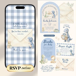 Dino Hatching Soon Dinosaur Baby Shower Animated Website Invite, Trackable RSVP (Digital Download Canva Template)