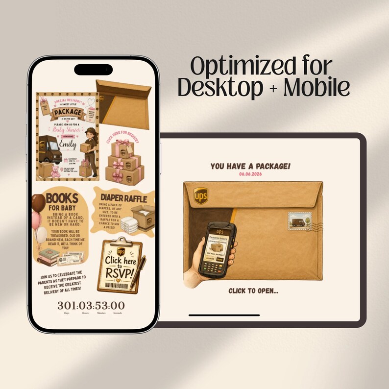 Package Delivery Baby Shower Website Template with Online RSVP | UPS-Inspired | Canva Template