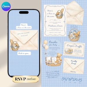 May include: A baby shower invitation design with a light blue gingham background. The design includes an envelope, a basket of bread, and the text "There's a Bun in the oven." Additional cards feature text and illustrations.